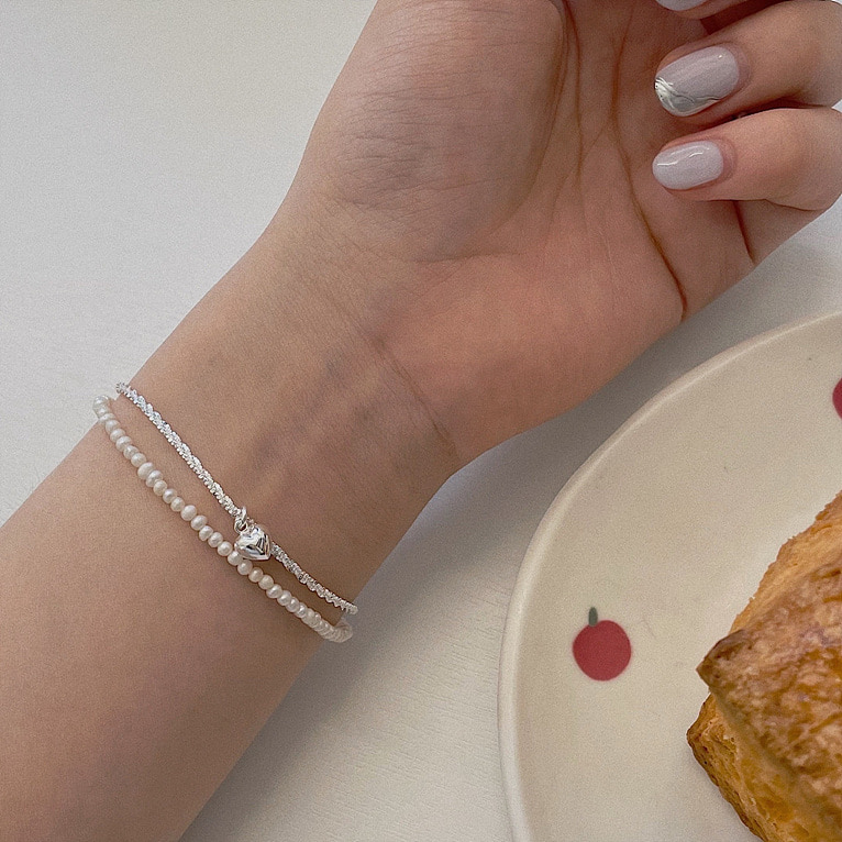 925silver pearl&amp;twinkle chain 2 line heart bracelet